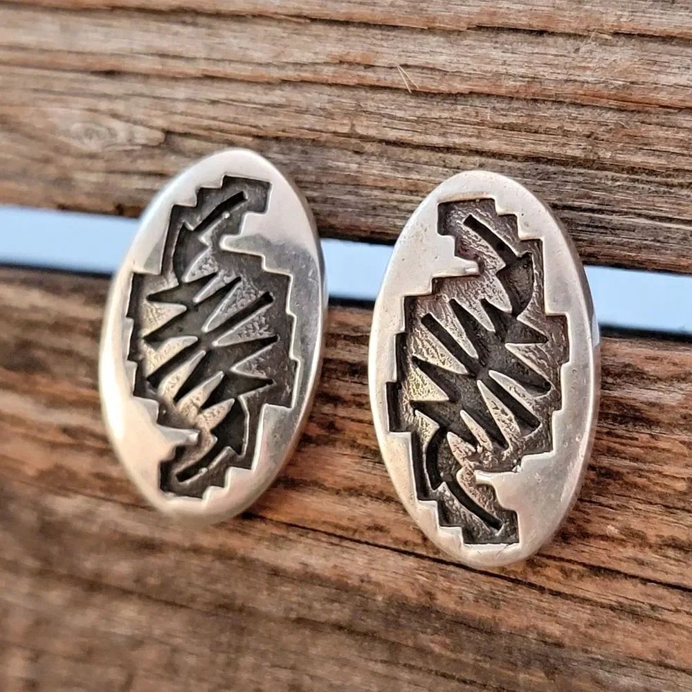 Sterling Artisan Organic Tribal Niello Antiqued Oval Post Earrings